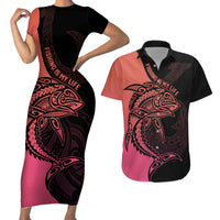 Personalised Polynesia Fishing Couples Matching Short Sleeve Bodycon Dress and Hawaiian Shirt With Maori Hei Matau Fish Hook Pink Art LT9 Pink - Polynesian Pride