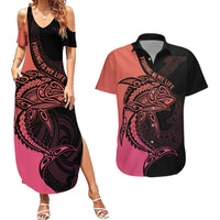 Personalised Polynesia Fishing Couples Matching Summer Maxi Dress and Hawaiian Shirt With Maori Hei Matau Fish Hook Pink Art LT9 Pink - Polynesian Pride