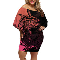Personalised Polynesia Fishing Family Matching Off Shoulder Short Dress and Hawaiian Shirt With Maori Hei Matau Fish Hook Pink Art LT9 Mom's Dress Pink - Polynesian Pride