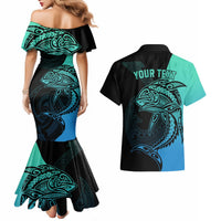 Personalised Polynesia Fishing Couples Matching Mermaid Dress and Hawaiian Shirt With Maori Hei Matau Fish Hook Turquoise Art LT9 - Polynesian Pride