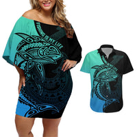 Personalised Polynesia Fishing Couples Matching Off Shoulder Short Dress and Hawaiian Shirt With Maori Hei Matau Fish Hook Turquoise Art LT9 Turquoise - Polynesian Pride