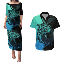 Personalised Polynesia Fishing Couples Matching Puletasi Dress and Hawaiian Shirt With Maori Hei Matau Fish Hook Turquoise Art LT9 Turquoise - Polynesian Pride