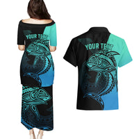 Personalised Polynesia Fishing Couples Matching Puletasi Dress and Hawaiian Shirt With Maori Hei Matau Fish Hook Turquoise Art LT9 - Polynesian Pride