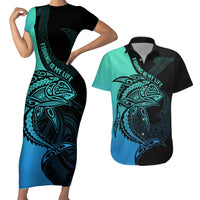 Personalised Polynesia Fishing Couples Matching Short Sleeve Bodycon Dress and Hawaiian Shirt With Maori Hei Matau Fish Hook Turquoise Art LT9 Turquoise - Polynesian Pride
