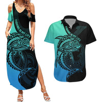 Personalised Polynesia Fishing Couples Matching Summer Maxi Dress and Hawaiian Shirt With Maori Hei Matau Fish Hook Turquoise Art LT9 Turquoise - Polynesian Pride