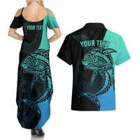 Personalised Polynesia Fishing Couples Matching Summer Maxi Dress and Hawaiian Shirt With Maori Hei Matau Fish Hook Turquoise Art LT9 - Polynesian Pride