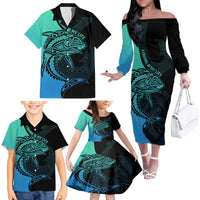 Personalised Polynesia Fishing Family Matching Off Shoulder Long Sleeve Dress and Hawaiian Shirt With Maori Hei Matau Fish Hook Turquoise Art LT9 - Polynesian Pride