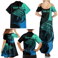 Personalised Polynesia Fishing Family Matching Summer Maxi Dress and Hawaiian Shirt With Maori Hei Matau Fish Hook Turquoise Art LT9 - Polynesian Pride