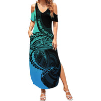 Personalised Polynesia Fishing Family Matching Summer Maxi Dress and Hawaiian Shirt With Maori Hei Matau Fish Hook Turquoise Art LT9 Mom's Dress Turquoise - Polynesian Pride