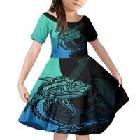 Personalised Polynesia Fishing Family Matching Tank Maxi Dress and Hawaiian Shirt With Maori Hei Matau Fish Hook Turquoise Art LT9 Daughter's Dress Turquoise - Polynesian Pride