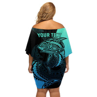 Personalised Polynesia Fishing Off Shoulder Short Dress With Maori Hei Matau Fish Hook Turquoise Art LT9 - Polynesian Pride