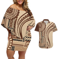 Samoa Siapo Arty Couples Matching Off Shoulder Short Dress and Hawaiian Shirt Brown Style LT9 Brown - Polynesian Pride