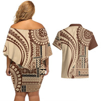 Samoa Siapo Arty Couples Matching Off Shoulder Short Dress and Hawaiian Shirt Brown Style LT9 - Polynesian Pride