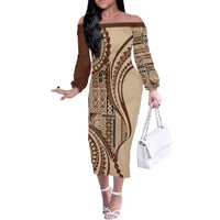 Samoa Siapo Arty Family Matching Off Shoulder Long Sleeve Dress and Hawaiian Shirt Brown Style LT9 Mom's Dress Brown - Polynesian Pride