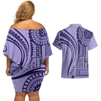 Samoa Siapo Arty Couples Matching Off Shoulder Short Dress and Hawaiian Shirt Purple Style LT9 - Polynesian Pride