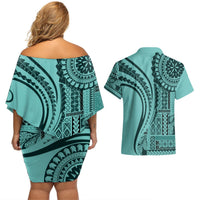 Samoa Siapo Arty Couples Matching Off Shoulder Short Dress and Hawaiian Shirt Turquoise Style LT9 - Polynesian Pride