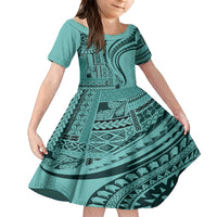 Samoa Siapo Arty Family Matching Long Sleeve Bodycon Dress and Hawaiian Shirt Turquoise Style LT9 Daughter's Dress Turquoise - Polynesian Pride