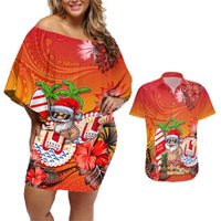Personalised Wishes in Tahitian Christmas Couples Matching Off Shoulder Short Dress and Hawaiian Shirt French Polynesia Santa Beach LT9 Red - Polynesian Pride