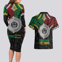 Aotearoa and Cook Islands Mo Te Tiriti Couples Matching Long Sleeve Bodycon Dress and Hawaiian Shirt New Zealand Honour The Treaty Ake!Ake!Ake! LT9 - Polynesian Pride