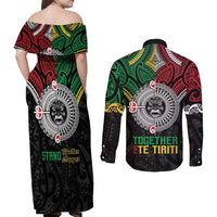 Aotearoa and Cook Islands Mo Te Tiriti Couples Matching Off Shoulder Maxi Dress and Long Sleeve Button Shirt New Zealand Honour The Treaty Ake!Ake!Ake! LT9 - Polynesian Pride