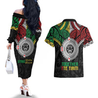 Aotearoa and Cook Islands Mo Te Tiriti Couples Matching Off The Shoulder Long Sleeve Dress and Hawaiian Shirt New Zealand Honour The Treaty Ake!Ake!Ake! LT9 - Polynesian Pride
