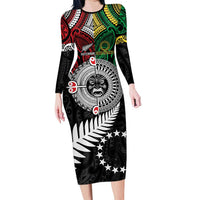Aotearoa and Cook Islands Mo Te Tiriti Long Sleeve Bodycon Dress New Zealand Honour The Treaty Ake!Ake!Ake! LT9 Long Dress Green - Polynesian Pride