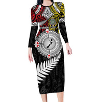 Aotearoa and Niue Mo Te Tiriti Family Matching Long Sleeve Bodycon Dress and Hawaiian Shirt New Zealand Honour The Treaty Ake!Ake!Ake! LT9 Mom's Dress Gold - Polynesian Pride