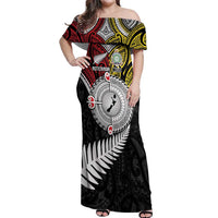 Aotearoa and Niue Mo Te Tiriti Off Shoulder Maxi Dress New Zealand Honour The Treaty Ake!Ake!Ake! LT9 Women Gold - Polynesian Pride