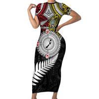 Aotearoa and Niue Mo Te Tiriti Short Sleeve Bodycon Dress New Zealand Honour The Treaty Ake!Ake!Ake! LT9 Long Dress Gold - Polynesian Pride