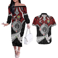 Aotearoa and Tonga Mo Te Tiriti Couples Matching Off The Shoulder Long Sleeve Dress and Hawaiian Shirt New Zealand Honour The Treaty Ake!Ake!Ake! LT9 Red - Polynesian Pride