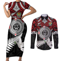Aotearoa and Tonga Mo Te Tiriti Couples Matching Short Sleeve Bodycon Dress and Long Sleeve Button Shirt New Zealand Honour The Treaty Ake!Ake!Ake! LT9 Red - Polynesian Pride