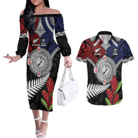 Aotearoa and Samoa Mo Te Tiriti Couples Matching Off The Shoulder Long Sleeve Dress and Hawaiian Shirt Tangata Moana Stand with Tangata Whenua LT9 Blue - Polynesian Pride