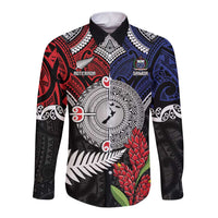 Aotearoa and Samoa Mo Te Tiriti Long Sleeve Button Shirt Tangata Moana Stand with Tangata Whenua LT9 Unisex Blue - Polynesian Pride