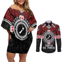 Aotearoa Proud To Be Maori Couples Matching Off Shoulder Short Dress and Long Sleeve Button Shirt New Zealand Fight Together LT9 Red - Polynesian Pride