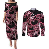 Polynesia Valentines Day Forever In My Heart Tattoo Couples Matching Puletasi and Long Sleeve Button Shirt Pink Style LT9 Pink - Polynesian Pride