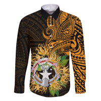 Northern Mariana Islands Ylang-ylang Mwarmwar Family Matching Off Shoulder Short Dress and Hawaiian Shirt Polynesian Gold Style LT9 Dad's Shirt - Long Sleeve Gold - Polynesian Pride
