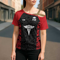 New Zealand Nurse RN 2026 Personalised Cross Shoulder Shirt Red Maori Pattern Cultural Pride