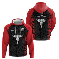 New Zealand Nurse RN 2026 Personalised Zip Hoodie Red Maori Pattern Cultural Pride