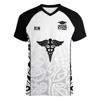 New Zealand Nurse RN 2026 Personalised Women V-Neck T-Shirt White Maori Pattern Cultural Pride