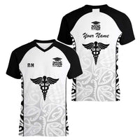 New Zealand Nurse RN 2026 Personalised Women V-Neck T-Shirt White Maori Pattern Cultural Pride