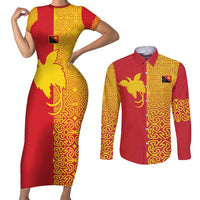 Papua New Guinea Oro Tapa Personalised Couples Matching Short Sleeve Bodycon Dress and Long Sleeve Button Shirt Simple Bird of Paradise Style LT9 Red - Polynesian Pride