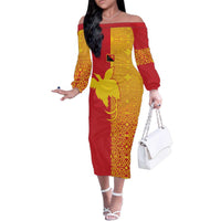 Papua New Guinea Oro Tapa Personalised Family Matching Off The Shoulder Long Sleeve Dress and Hawaiian Shirt Simple Bird of Paradise Style LT9 Mom's Dress Red - Polynesian Pride