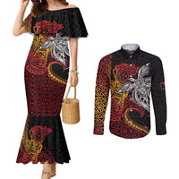 Papua New Guinea Sepik Personalised Couples Matching Mermaid Dress and Long Sleeve Button Shirt PNG Bird of Paradise Tattoo LT9 Black - Polynesian Pride