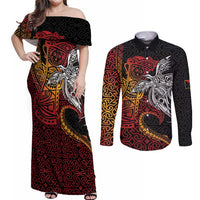 Papua New Guinea Sepik Personalised Couples Matching Off Shoulder Maxi Dress and Long Sleeve Button Shirt PNG Bird of Paradise Tattoo LT9 Black - Polynesian Pride