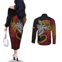 Papua New Guinea Sepik Personalised Couples Matching Off The Shoulder Long Sleeve Dress and Long Sleeve Button Shirt PNG Bird of Paradise Tattoo LT9 - Polynesian Pride