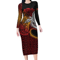 Papua New Guinea Sepik Personalised Long Sleeve Bodycon Dress PNG Bird of Paradise Tattoo LT9 Long Dress Black - Polynesian Pride