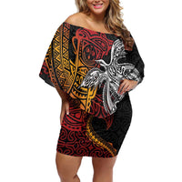 Papua New Guinea Sepik Personalised Off Shoulder Short Dress PNG Bird of Paradise Tattoo LT9 Women Black - Polynesian Pride