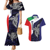 Personalised PNG Bougainville Couples Matching Mermaid Dress and Hawaiian Shirt Bird of Paradise Tattoo Flag Motif LT9 Blue - Polynesian Pride