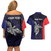 Personalised PNG Bougainville Couples Matching Off Shoulder Short Dress and Hawaiian Shirt Bird of Paradise Tattoo Flag Motif LT9 - Polynesian Pride
