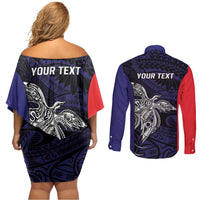 Personalised PNG Bougainville Couples Matching Off Shoulder Short Dress and Long Sleeve Button Shirt Bird of Paradise Tattoo Flag Motif LT9 - Polynesian Pride